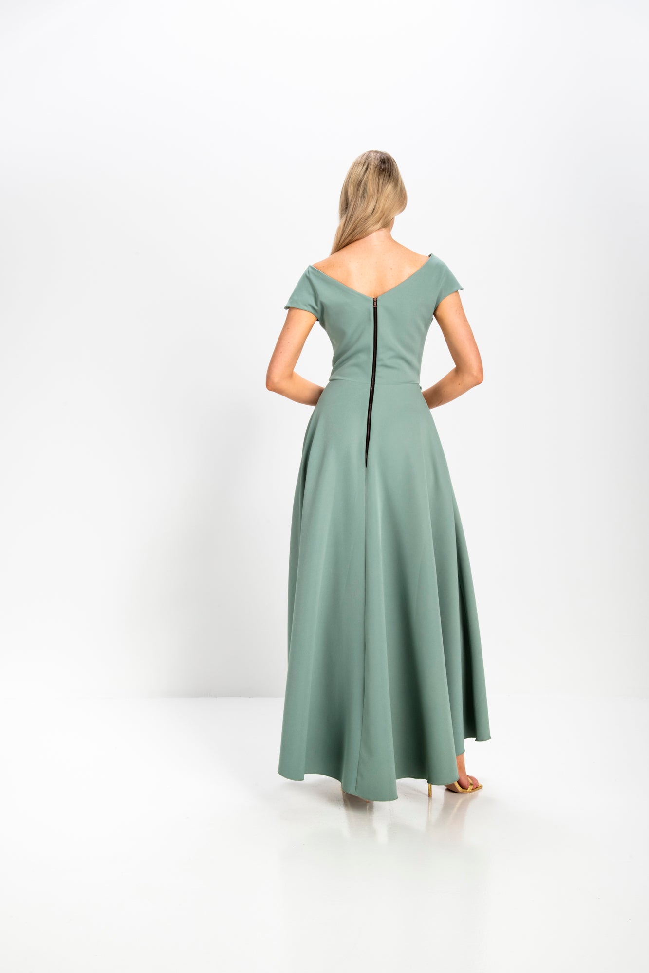 Kevan Jon Safia Flare Dress with Cape Duck Egg Green