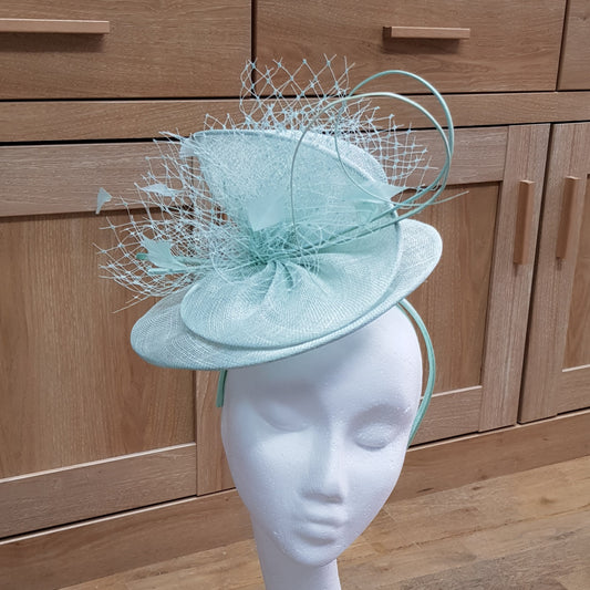 Mint Green Fascinator Disc with Veil Trim and Quills