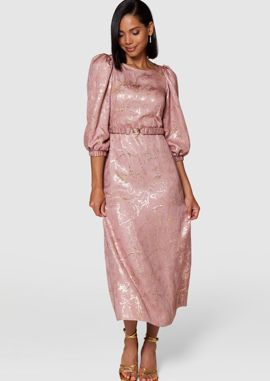 Pink Rose A-Line Midi Dress with Ruched Belt