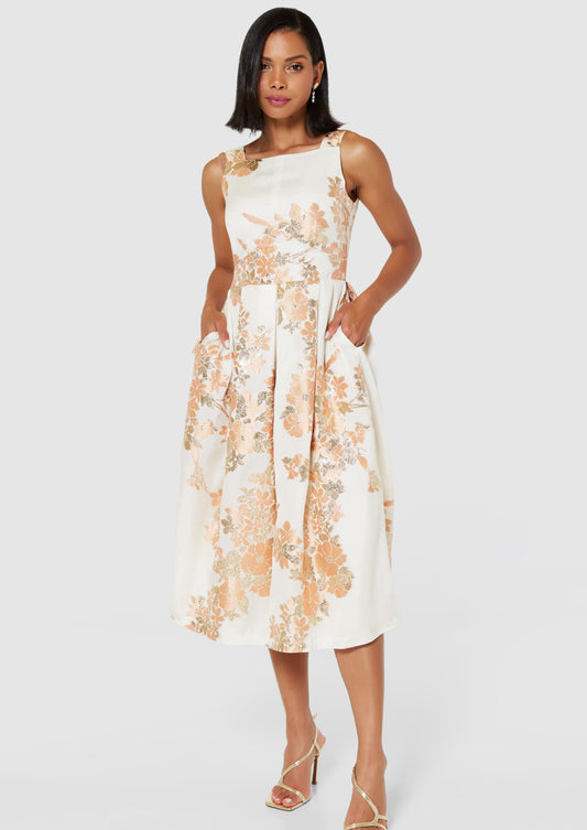 Peach and Cream Print A-Line Midi Dress