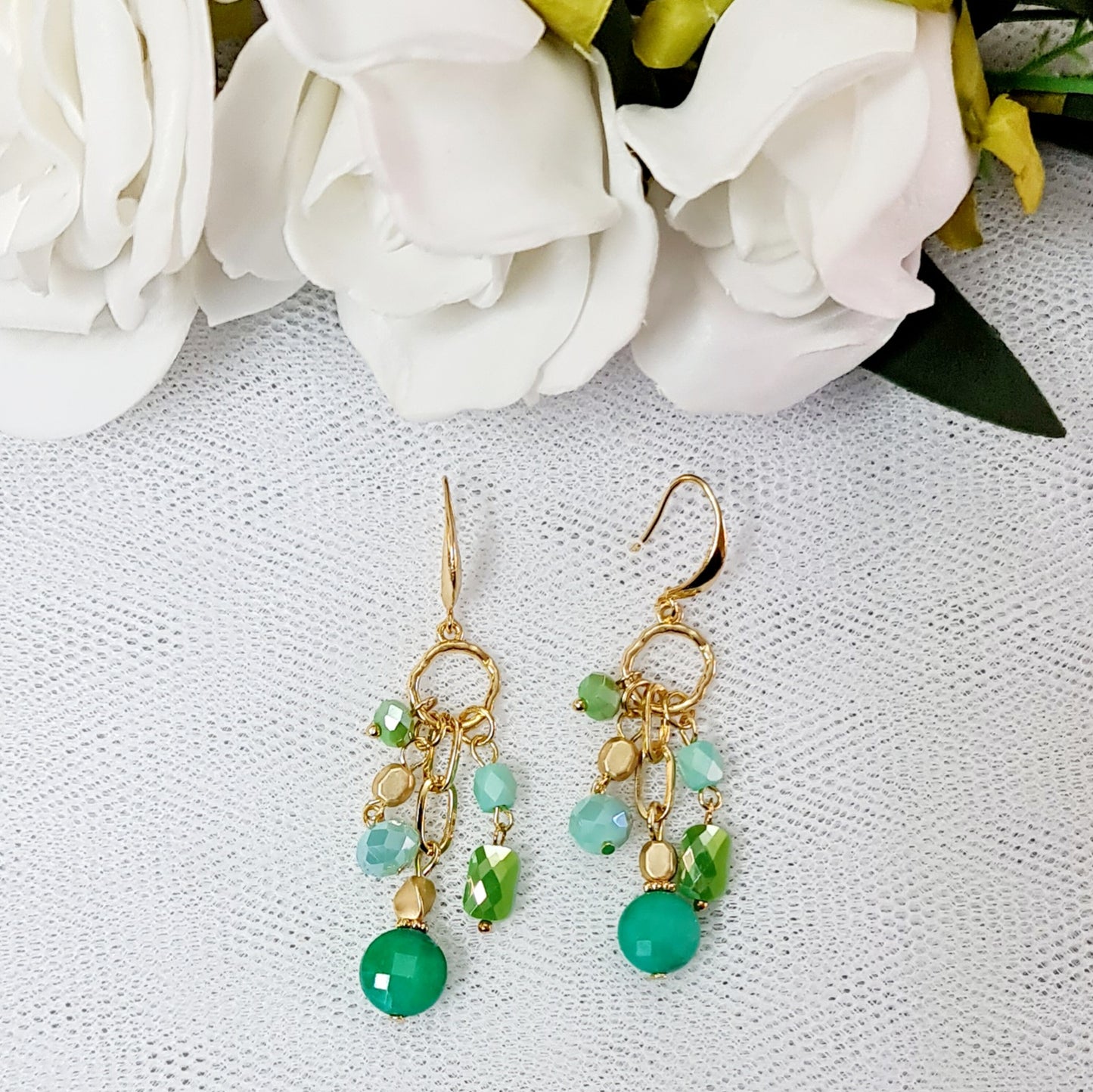 Embellished Drop Earrings - Gold and Green