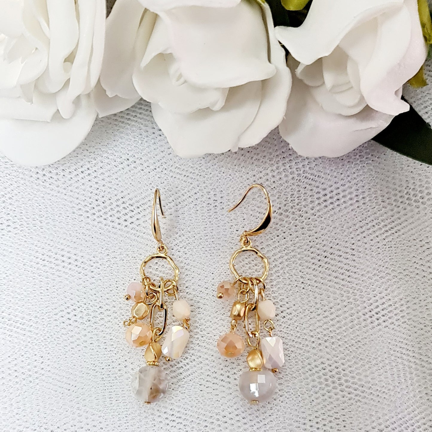 Embellished Drop Earrings - Gold and Pink