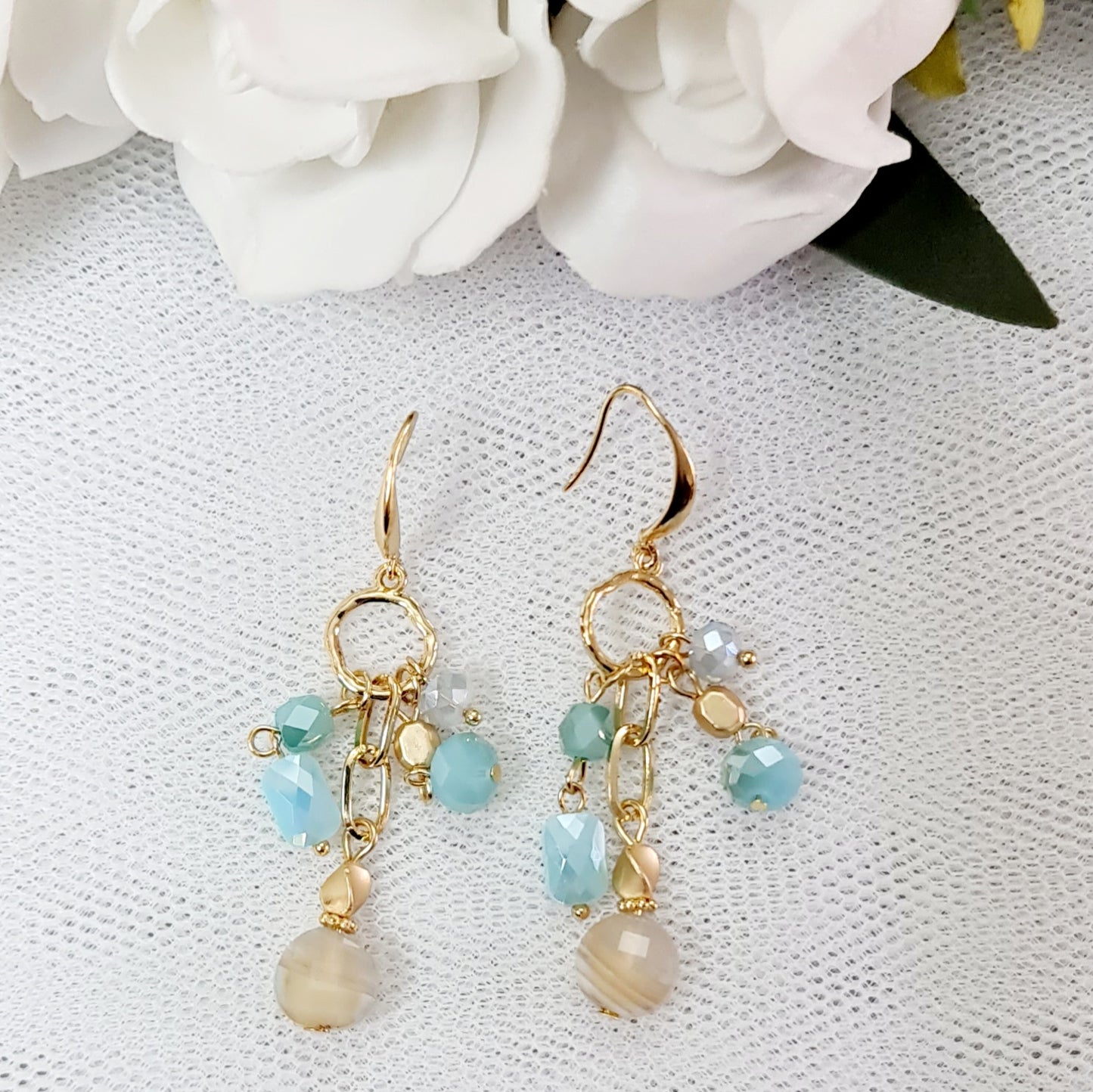 Embellished Drop Earrings - Gold and Aqua