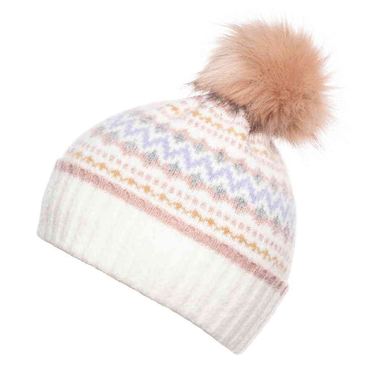 Melissa Patterned Knit Pompom Hat - Cream