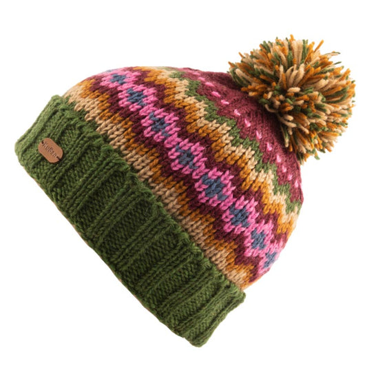 KuSan Fleece Lined Unisex Bobble Hat - Green/Purple