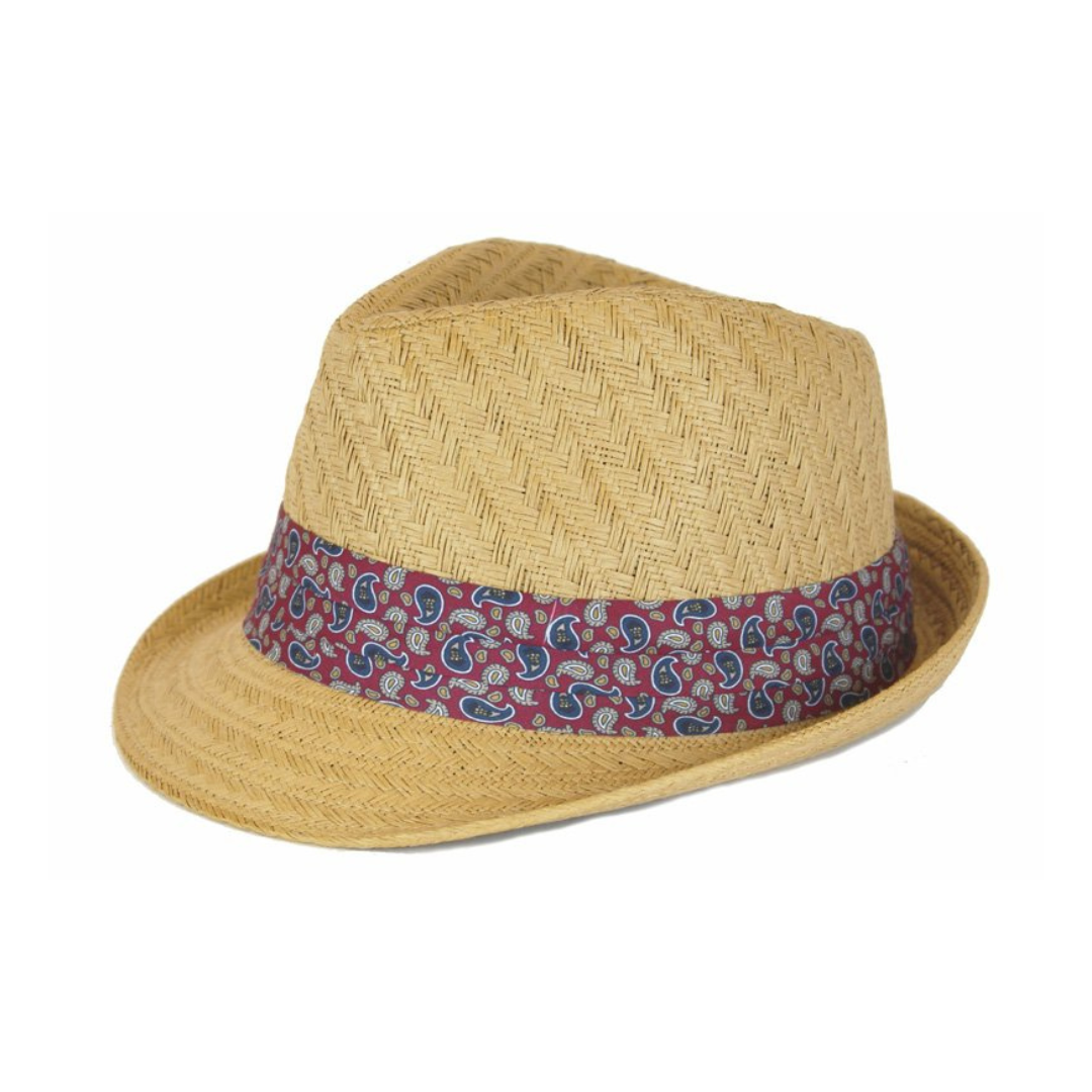 S506 Straw Trilby Hat with Plum Print Band