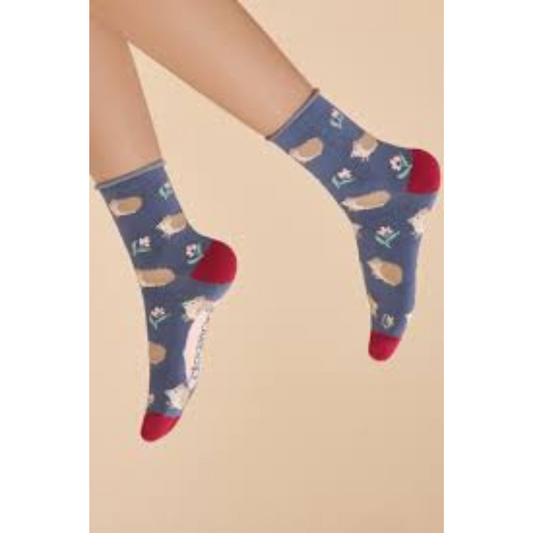 Powder Accessories Navy Bamboo Socks - Snuffling Hedgehog