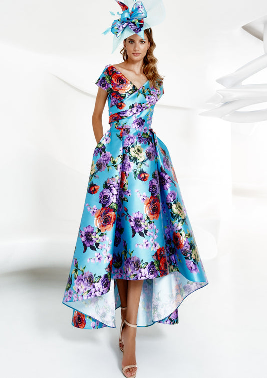 Gabriela Sanchez 7420 Dipped Hem Floral Turquoise Dress