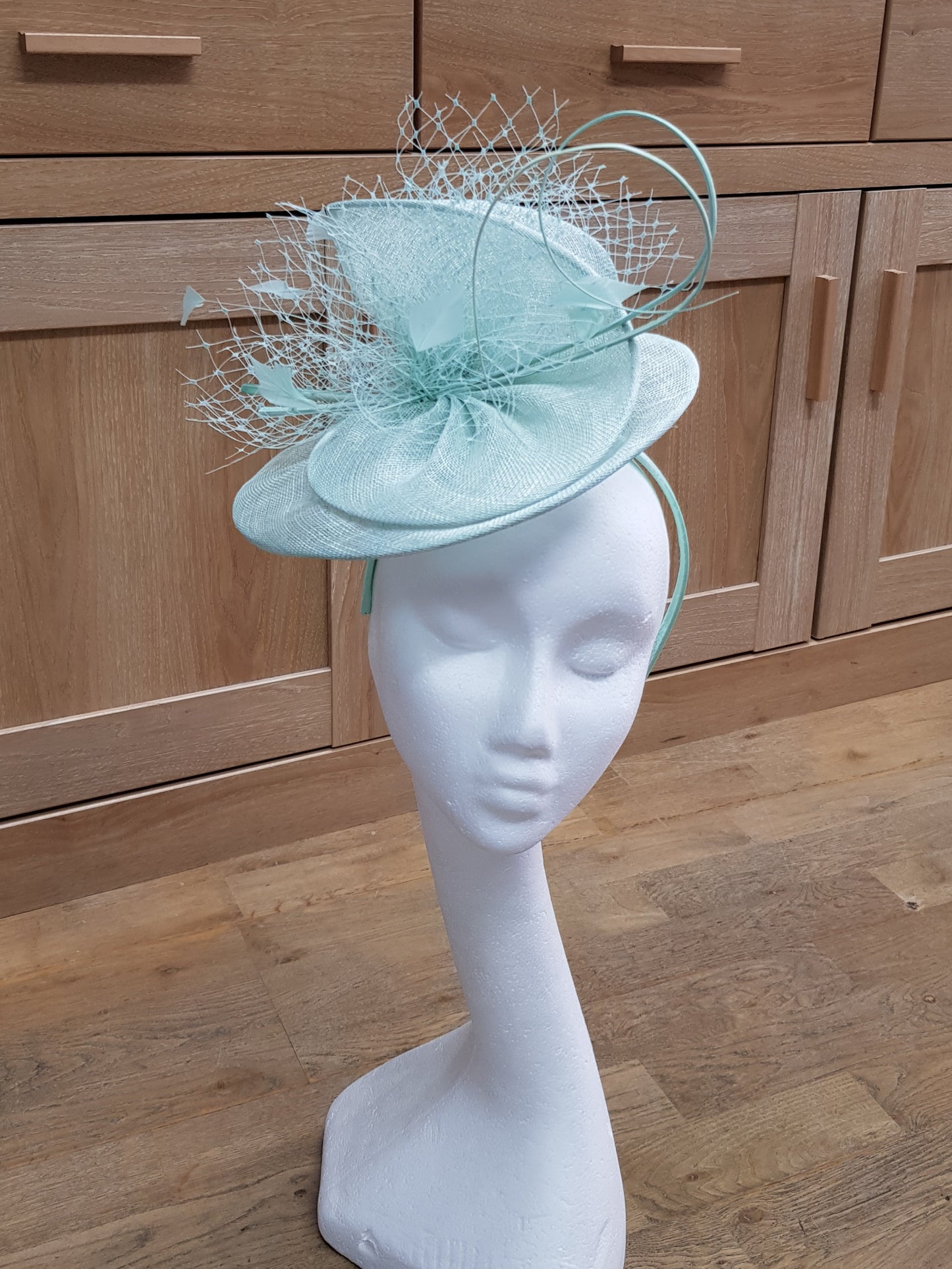 Mint Green Fascinator Disc with Veil Trim and Quills